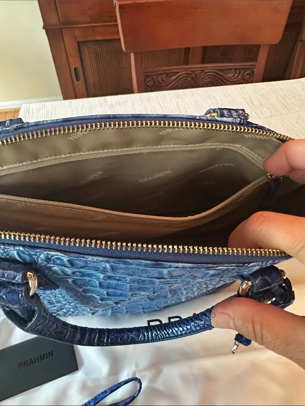 Brahmin large Duxbury blue with silver sheen mixed in  bag&wallet set